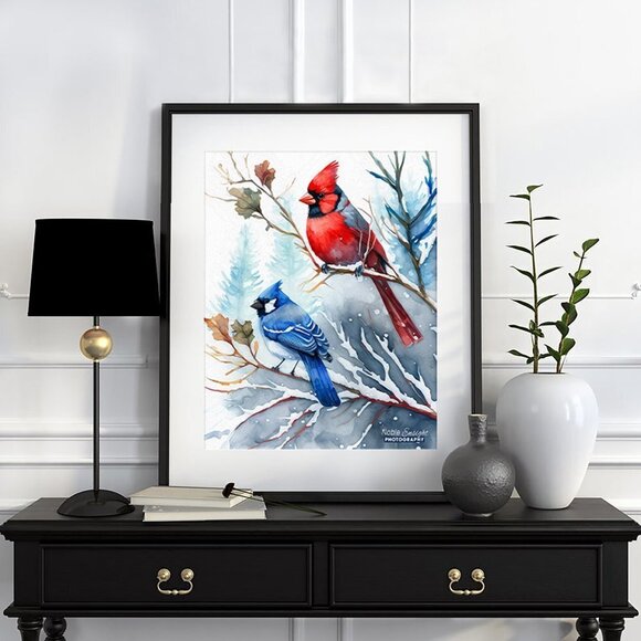 8x10 Blue Jay Red Cardinal Snow Birds‎ Watercolor Illustration Painting … - Picture 6 of 6